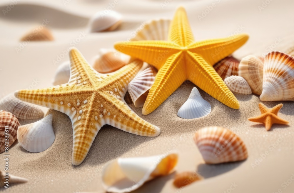 Beautiful picture in a marine style. Composition of shells, white stones and starfish on light sand. Beautiful picture in a marine style. Composition of shells, white stones and starfish on light sand.