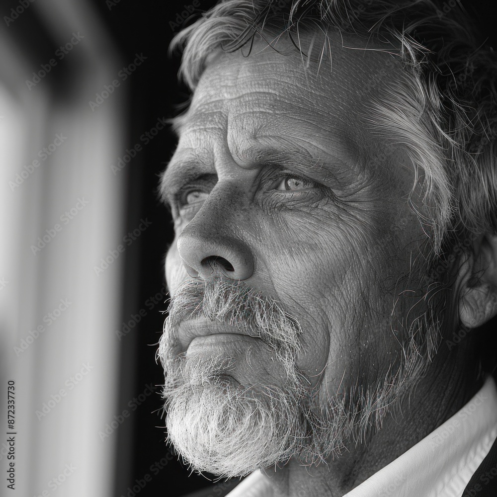 Close-up portrait of a mature man with a serious and introspective expression. Dramatic lighting emphasizes his charismatic and strong facial features