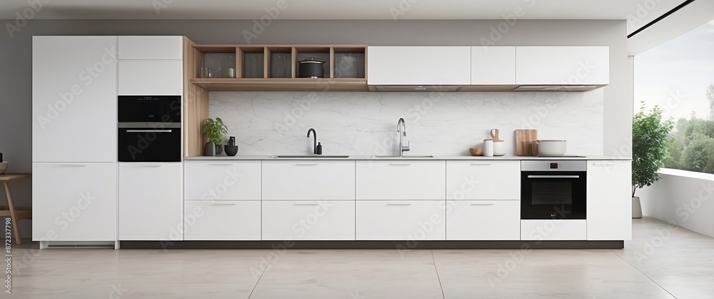 Modern minimalist kitchen with sleek white cabinetry, appliances, and ample counter space Ideal for contemporary homes and stylish urban living Modern minimalist kitchen with sleek white cabinetry, appliances, and ample counter space Ideal for contemporary homes and stylish urban living