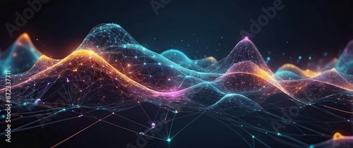 Fototapeta Naklejka Na Ścianę i Meble -  Abstract digital landscape with glowing lines and nodes, representing data and network connections  Ideal for technology, AI, and futuristic concepts