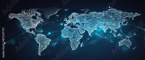 A digital, global network map glowing with interconnected nodes, illustrating international communication, data exchange, and technological connectivity