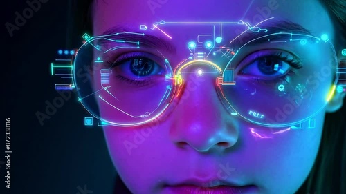 Pushing towards an extreme close up of a young girls face as augmented reality displays animate across her vision amid violet light. photo