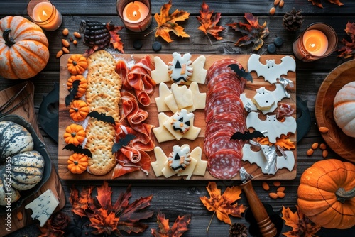 A Halloween charcuterie board featuring pumpkin-shaped cheeses, bat-shaped crackers, and cured meats