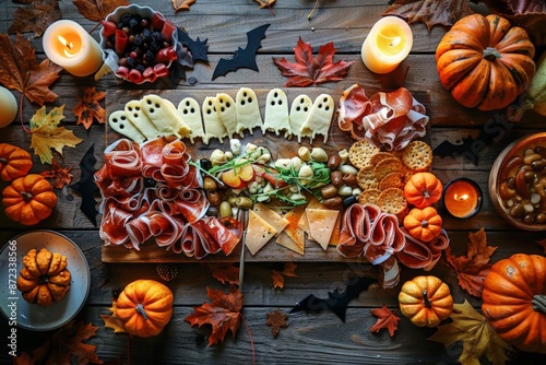 A festive Halloween charcuterie board with ghost cheese, prosciutto, and assorted nuts and olives