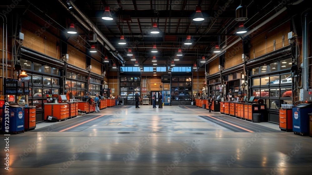 Large Industrial Building Interior With Workers And Cars Through Windows Large Industrial Building Interior With Workers And Cars Through Windows