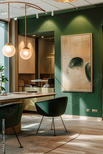 Stylish office vibe, forest green and beige details, clean lines, 32k UHD,