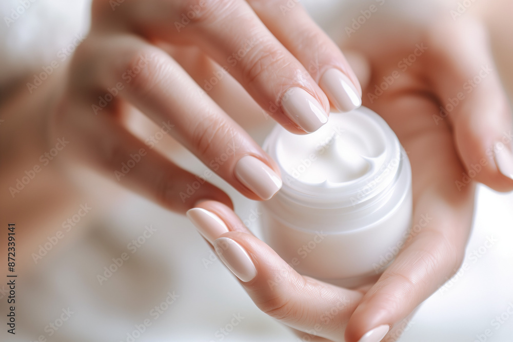 Woman's hands holding moisturizer cream jar Woman's hands holding moisturizer cream jar