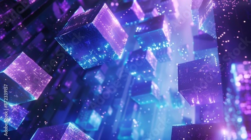 bakcground dynamic blue and purple lights, giving the impression of being enveloped in a stream of photons. 