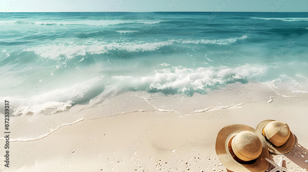 A serene beach scene with azure waves gently washing ashore, two straw hats placed on the sandy beach. Ideal for summer or vacation designs. Includes copy space. A serene beach scene with azure waves gently washing ashore, two straw hats placed on the sandy beach. Ideal for summer or vacation designs. Includes copy space.