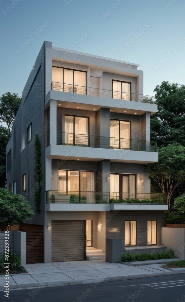 Fototapeta premium A Contemporary Dwelling with Stylish Architecture, Beautiful Exterior Design, and a Serene Garden Setting. Perfect Family Home in a Residential Neighborhood, Featuring Thoughtful Construction