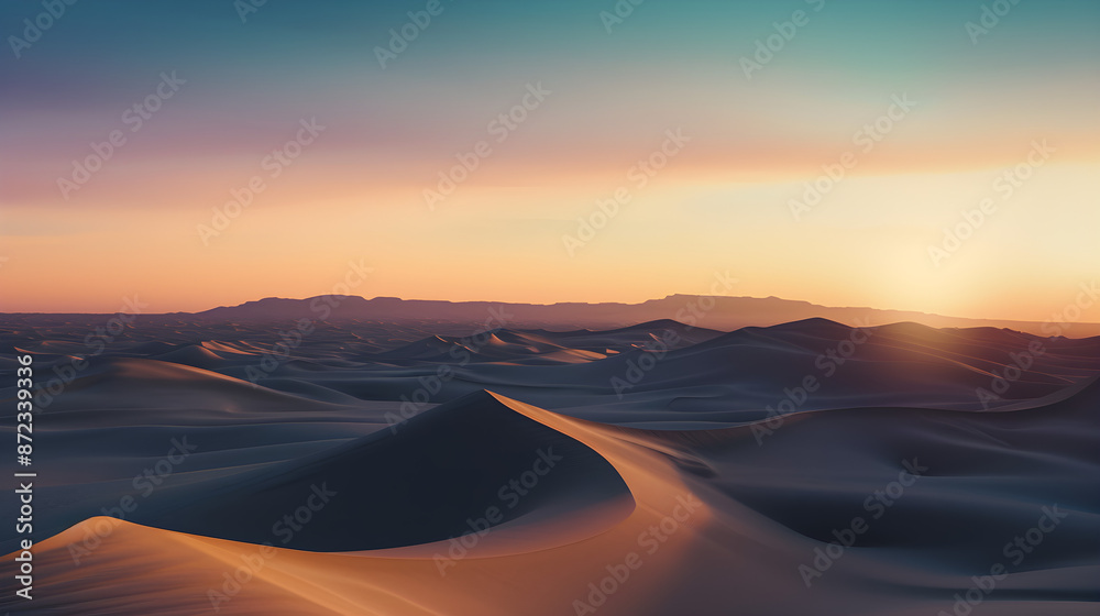 Undulating sand dunes form a surreal desert landscape with a sunset background and an orange gradient sky, perfect for travel and nature-themed designs. Copy space available. Undulating sand dunes form a surreal desert landscape with a sunset background and an orange gradient sky, perfect for travel and nature-themed designs. Copy space available.