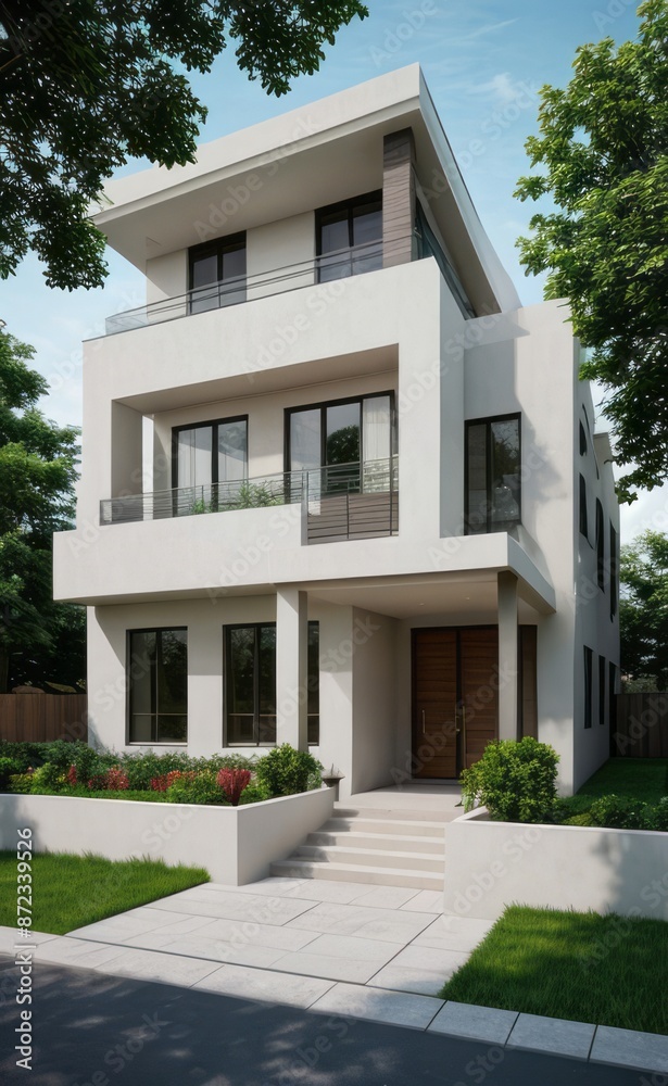 Fototapeta premium A Contemporary Dwelling with Stylish Architecture, Beautiful Exterior Design, and a Serene Garden Setting. Perfect Family Home in a Residential Neighborhood, Featuring Thoughtful Construction