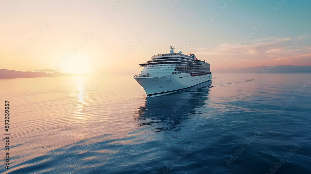 A beautiful white luxury cruise ship sailing in the tranquil sea during early morning with serene surroundings and a horizon. Ideal for travel or holiday concepts. Copy space included. A beautiful white luxury cruise ship sailing in the tranquil sea during early morning with serene surroundings and a horizon. Ideal for travel or holiday concepts. Copy space included.