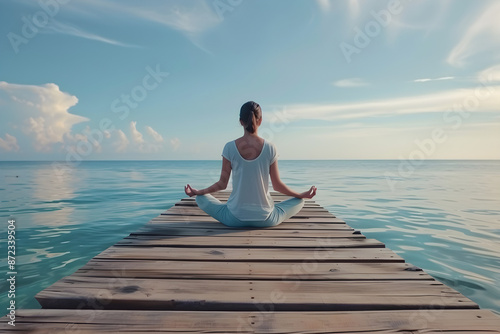 Young woman in yoga lotus pose meditating on a pier by the sea under a serene sky, perfect for mindfulness, wellness, and tranquility themes. Includes ample copy space.