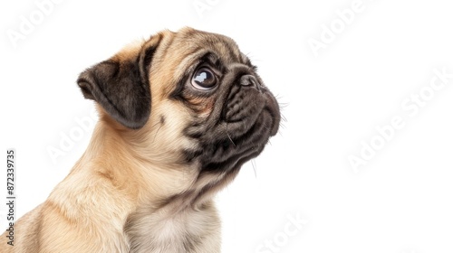 pug puppy looking up on white background