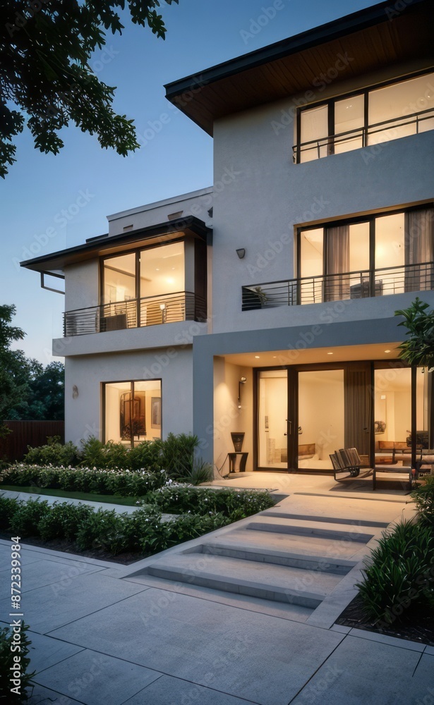Fototapeta premium A Contemporary Dwelling with Stylish Architecture, Beautiful Exterior Design, and a Serene Garden Setting. Perfect Family Home in a Residential Neighborhood, Featuring Thoughtful Construction