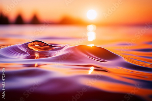 Sea wave close up, low angle view, sunrsie shot  with red and orange sun reflection on the water photo