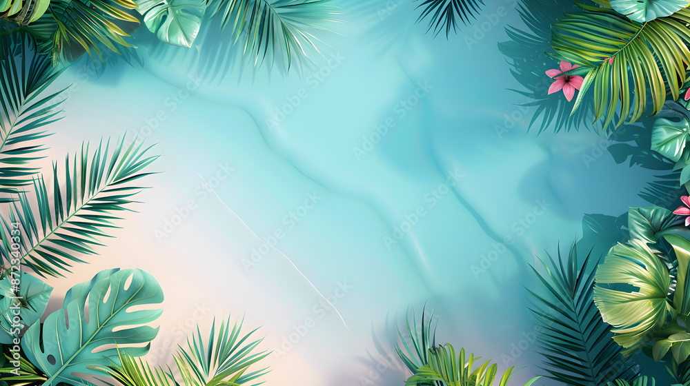 A summer theme background with tropical plants and summer elements, with copy space. The image features palm leaves, vibrant greenery, and clear water, perfect for vacation or relaxation designs.