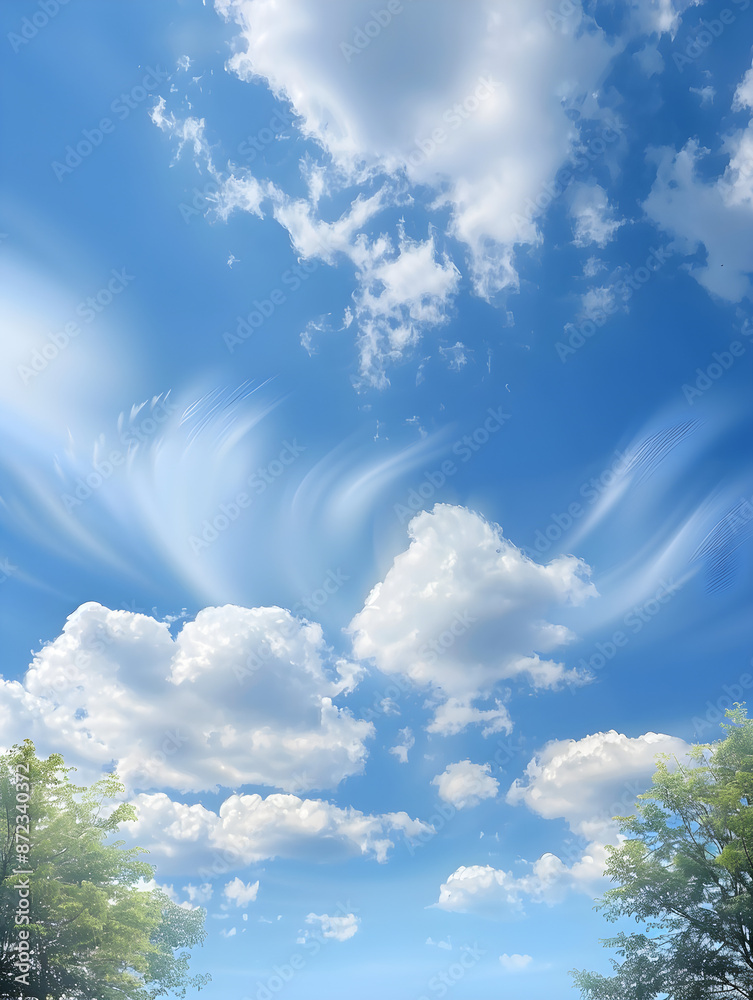 Fluffy white clouds against a bright blue sky with tree tops. Perfect for nature-themed designs, summer events, and backgrounds. Has ample copy space. Fluffy white clouds against a bright blue sky with tree tops. Perfect for nature-themed designs, summer events, and backgrounds. Has ample copy space.