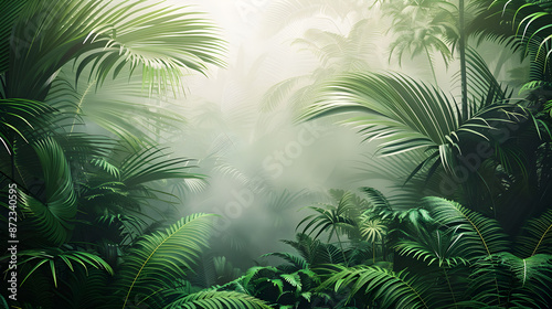 Tropical green vegetation with palms and ferns, light filtering through fog creating an exotic atmosphere. Ideal for summer or nature-themed wallpaper, includes copy space.