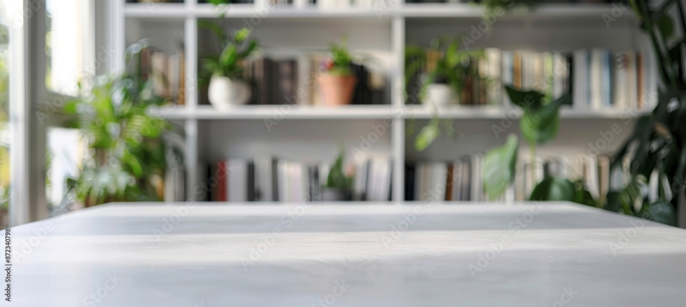 Blurred white background with bookshelves and plants on the table in the style of modern interior design Blurred white background with bookshelves and plants on the table in the style of modern interior design