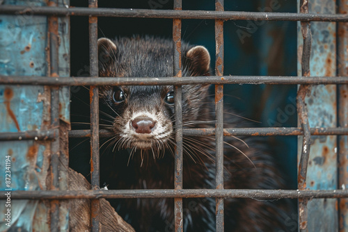 Mink farm. Production of elite fur. Animal in a cage. A black mink in a cage looks through the bars. photo