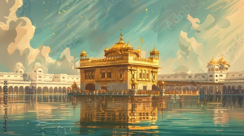 An illustration depicting the Golden Temple in Amritsar, India, the holiest shrine in Sikhism. 