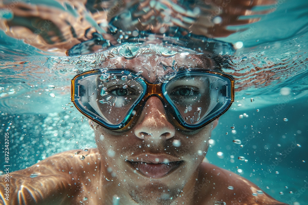 Naklejka premium School boy underwater wearing goggles takes selfie while snorkeling in clear water. Travel adventure and excitement of exploring marine life. Vacation timespending activitity diving snorkeling concept