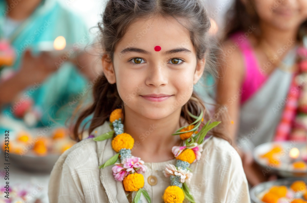 A young Indian girl wearing a flower garland at a festival A young Indian girl wearing a flower garland at a festival