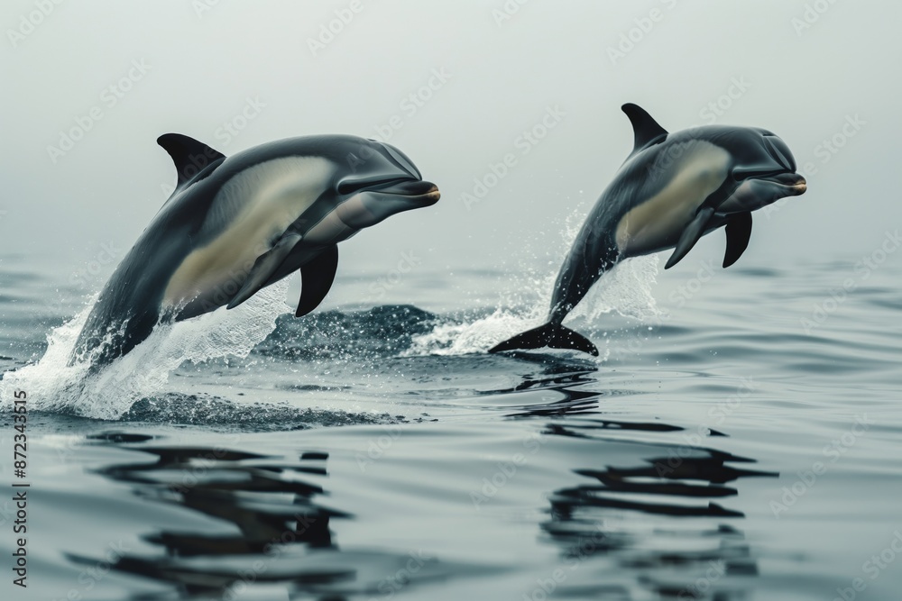 Fototapeta premium Two dolphins are captured in mid-air as they leap out of the calm ocean surface. Their synchronized jump highlights their playful and energetic nature in the serene sea.