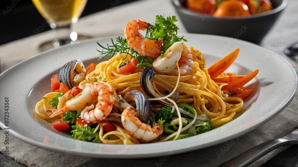 Pasta in a wide plate with seafood in a restaurant Pasta in a wide plate with seafood in a restaurant