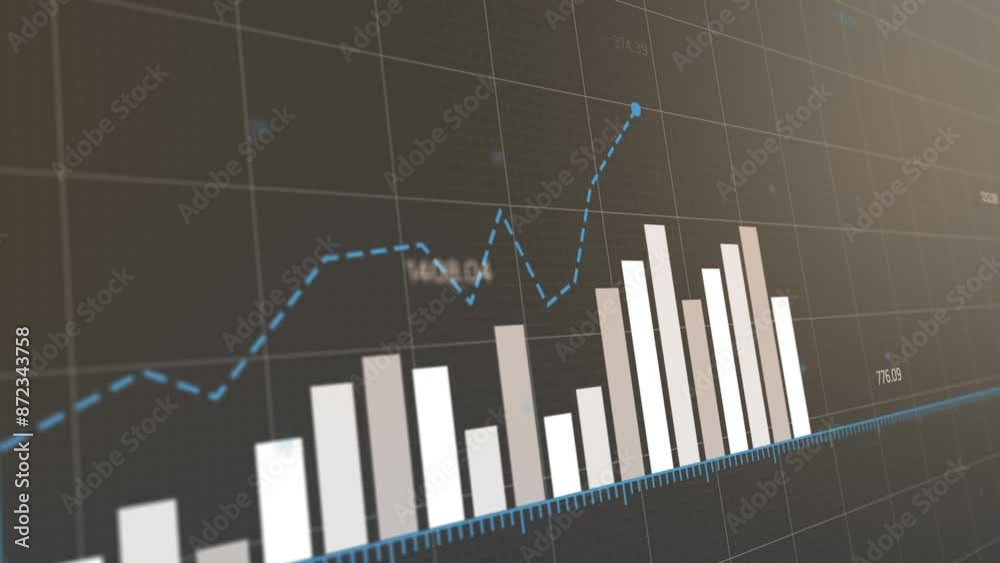 Dynamic financial animation of fluctuating market trends with ascending and descending bar and line charts representing crypto trading and investment gains and losses