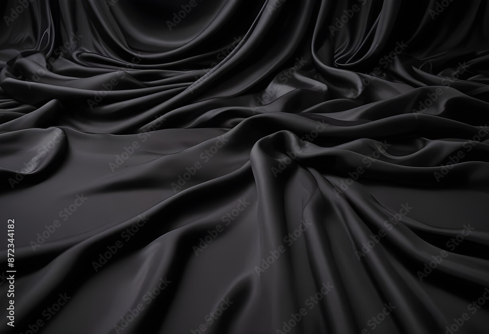 Fototapeta premium Wavy smoot soft black silk drap fallind surface sample texture background