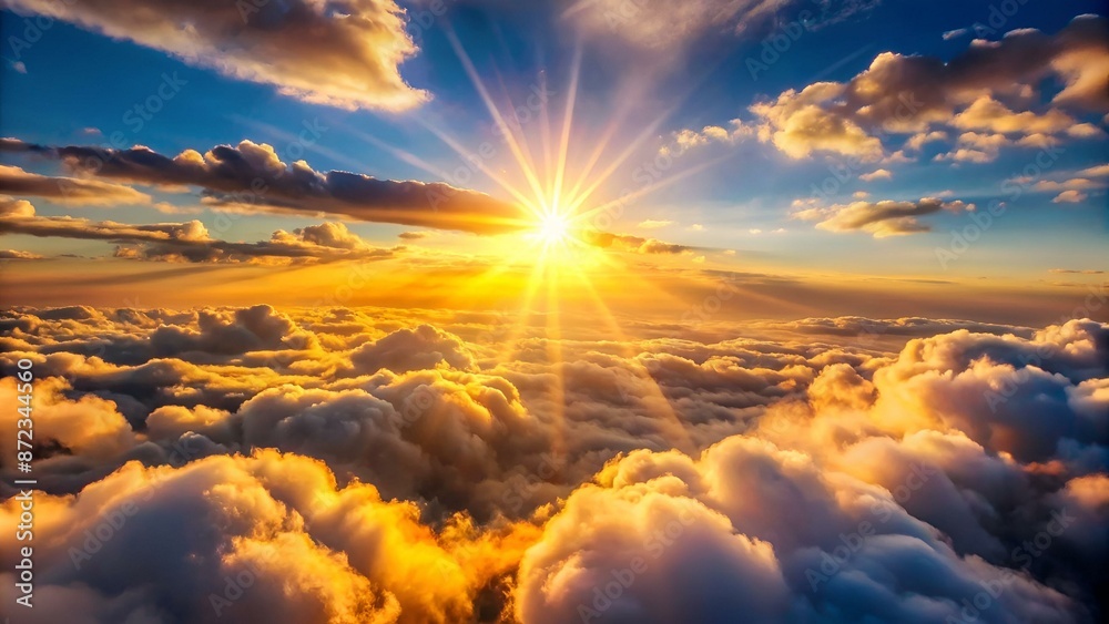 Flying through picturesque sunny cloudscape. Amazing of soft golden clouds moving in pure sunshine and the sun glowing through the clouds with beautiful rays and lens flare. Flying through picturesque sunny cloudscape. Amazing of soft golden clouds moving in pure sunshine and the sun glowing through the clouds with beautiful rays and lens flare.