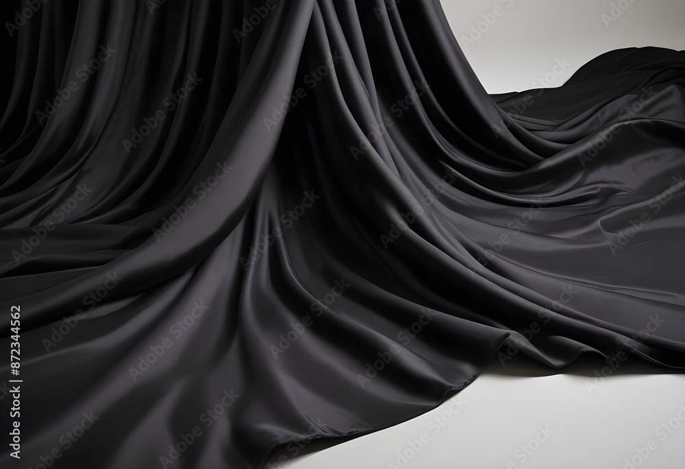 Fototapeta premium Wavy smooth black silk drapery background texture sample