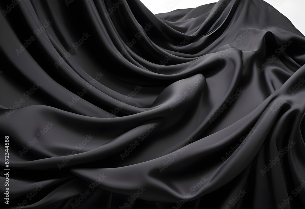 Fototapeta premium Wavy smooth black silk drapery background texture sample