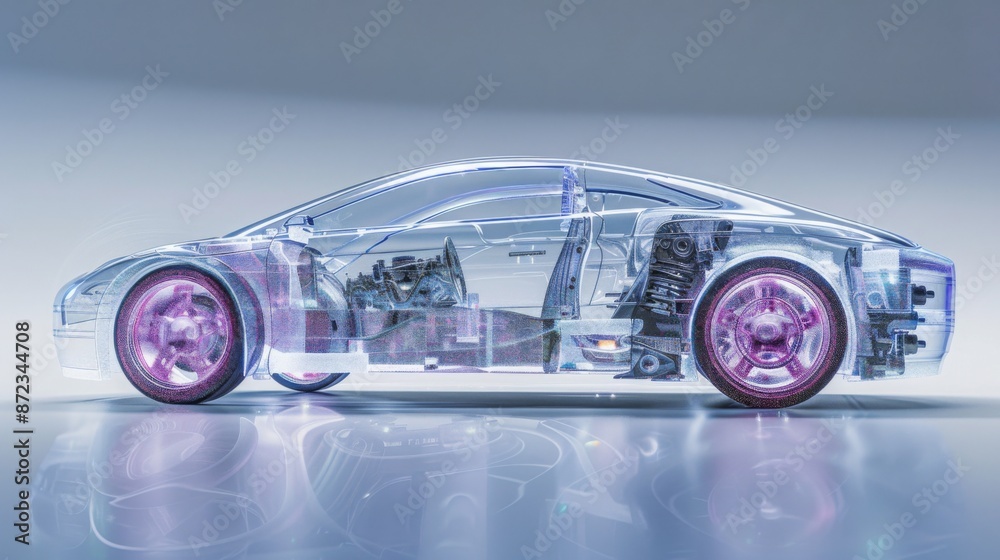 A futuristic transparent car showcasing its inner workings against a neutral background, highlighting details like the engine and suspension in a sleek design. A futuristic transparent car showcasing its inner workings against a neutral background, highlighting details like the engine and suspension in a sleek design.