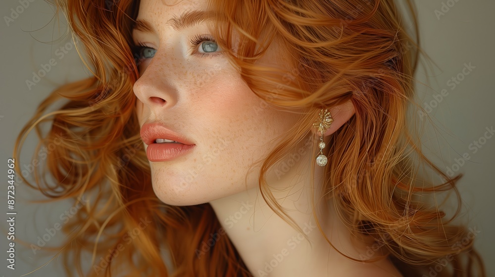 Close Up Portrait of a Woman With Red Hair and Gold Earrings Close Up Portrait of a Woman With Red Hair and Gold Earrings