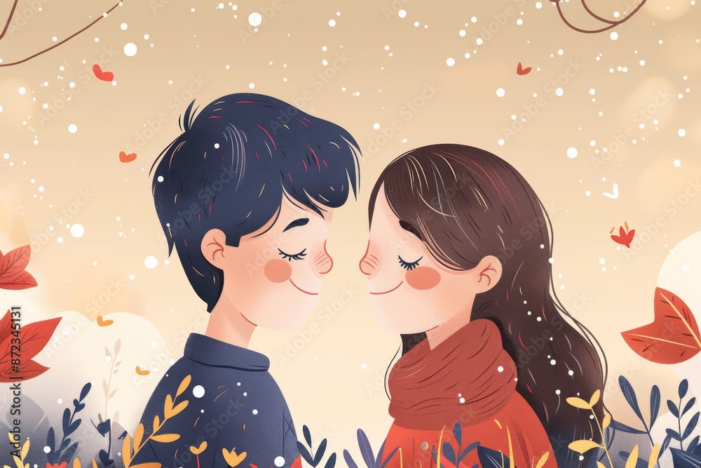 Adorable couple with blushing cheeks digital illustration capturing love and innocence in a charming and playful style