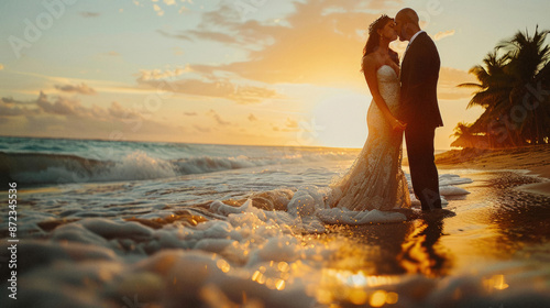 Wedding couple kissing at the beach at sunset, low-angle shot