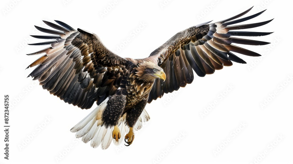 Fototapeta premium An eagle with its wings fully spread is captured mid-flight, displaying its detailed feathers against a white backdrop, symbolizing freedom and strength in nature.