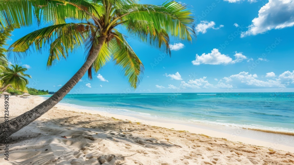A sunny day at a tropical beach, showcasing calm waves gently lapping against the sandy shore. Towering palm trees add to the scenic and tranquil beauty of the scene.