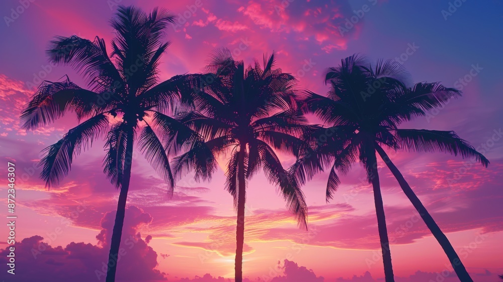 Obraz premium A vivid sunset paints the sky with shades of purple and pink, as three tall palm trees stand majestically against the colorful backdrop, creating a tropical paradise feel.