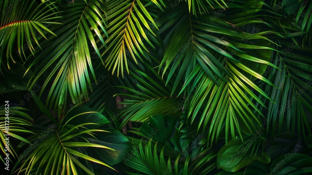A texture-rich composition of palm leaves overlapping in various layers, creating a visually dynamic and intricate pattern with shades of green and dark shadows. A texture-rich composition of palm leaves overlapping in various layers, creating a visually dynamic and intricate pattern with shades of green and dark shadows.