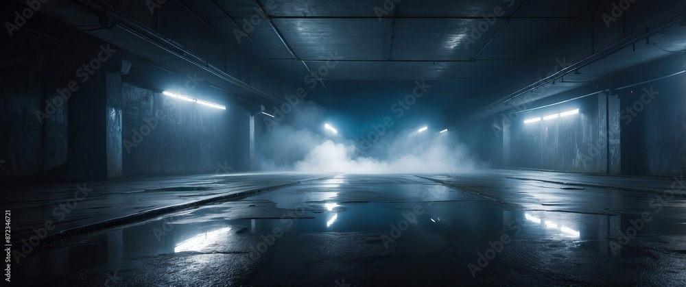 A dimly lit underground parking garage with eerie mist and reflections on the wet floor, perfect for mysterious, suspenseful, or dystopian themes A dimly lit underground parking garage with eerie mist and reflections on the wet floor, perfect for mysterious, suspenseful, or dystopian themes