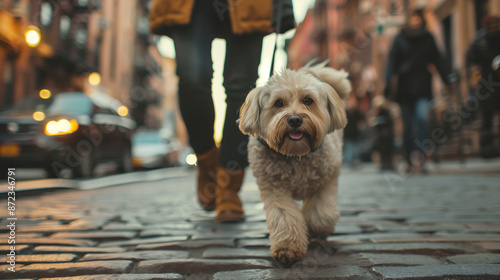 A dog on a walk in the city with her owner. A scruffy terrier on a leash walking with a woman in a fashionable ochre coat and boots. photo