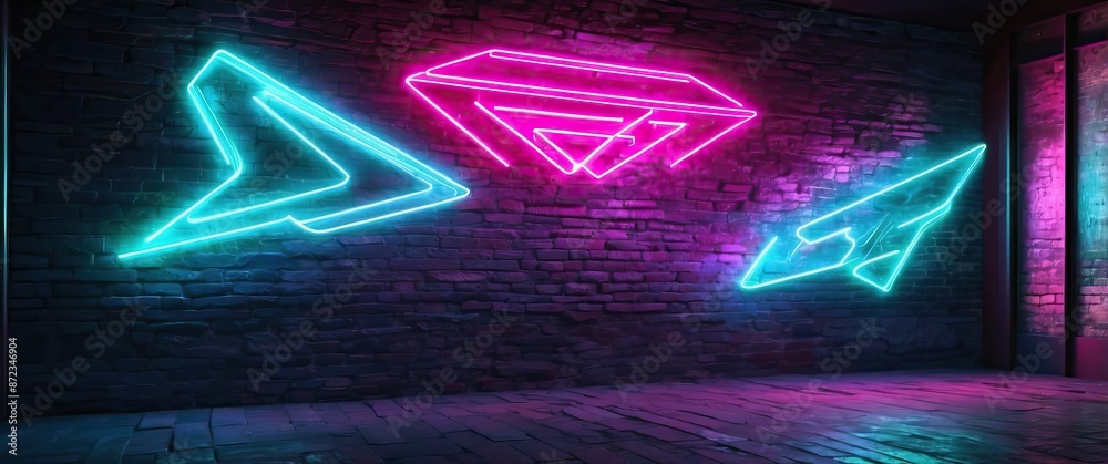Abstract neon lights in pink and blue shape a diamond and paper planes on a brick wall, creating a vibrant, modern, and futuristic urban art atmosphere Abstract neon lights in pink and blue shape a diamond and paper planes on a brick wall, creating a vibrant, modern, and futuristic urban art atmosphere