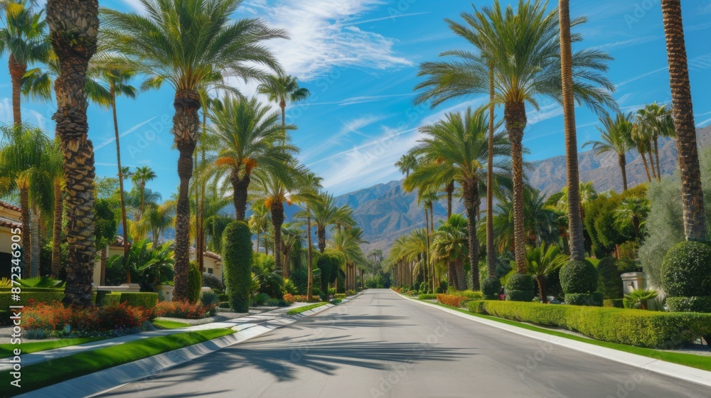 This image showcases a pristine boulevard lined with tall, vibrant palm trees under a clear, blue sky, creating a picturesque and serene landscape scene. This image showcases a pristine boulevard lined with tall, vibrant palm trees under a clear, blue sky, creating a picturesque and serene landscape scene.