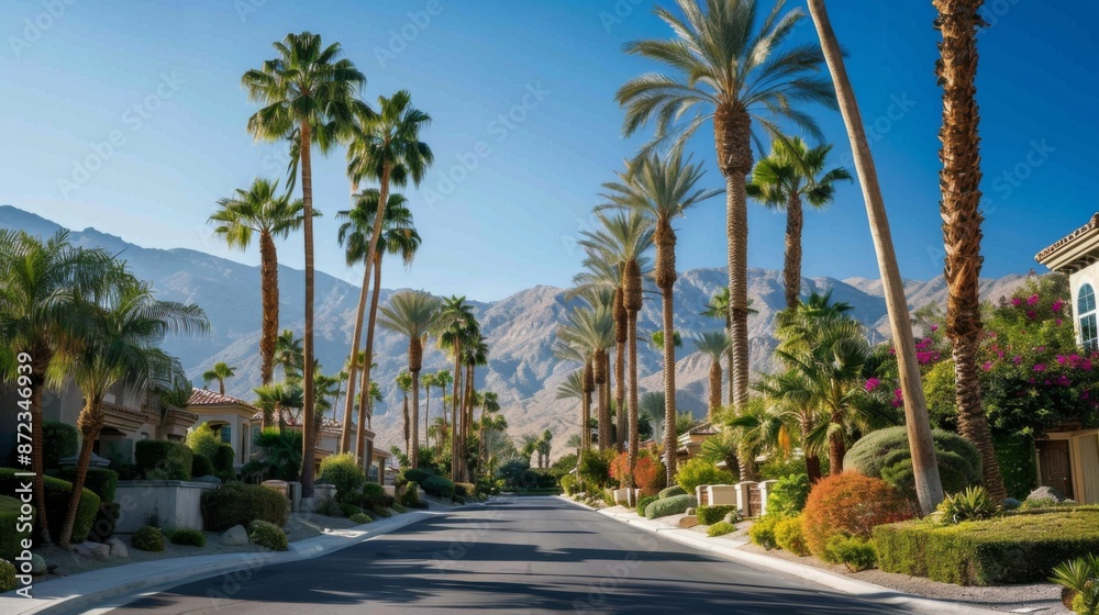 Fototapeta premium A picturesque street lined with tall, tropical palm trees, with a scenic mountain view in the background, creating a balance of nature and urban life for viewers.