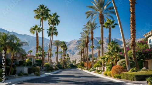 A picturesque street lined with tall, tropical palm trees, with a scenic mountain view in the background, creating a balance of nature and urban life for viewers. © Helen